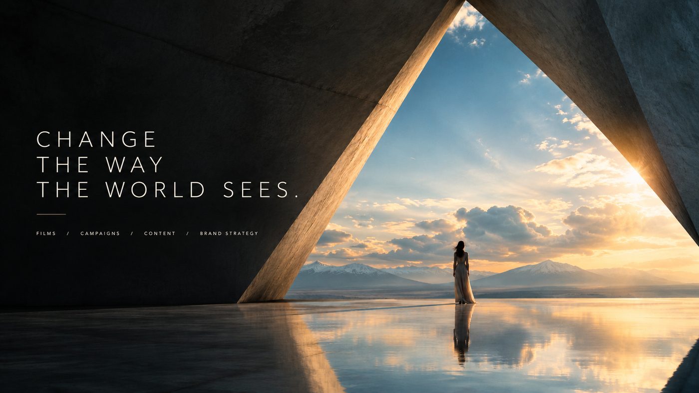 Nine Angle Creatives. A woman stands in a vast stone archway facing a mountain sunrise, with the line Change the way the world sees.
